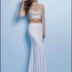 Splash White and Gold Long Sleeve Prom Dress